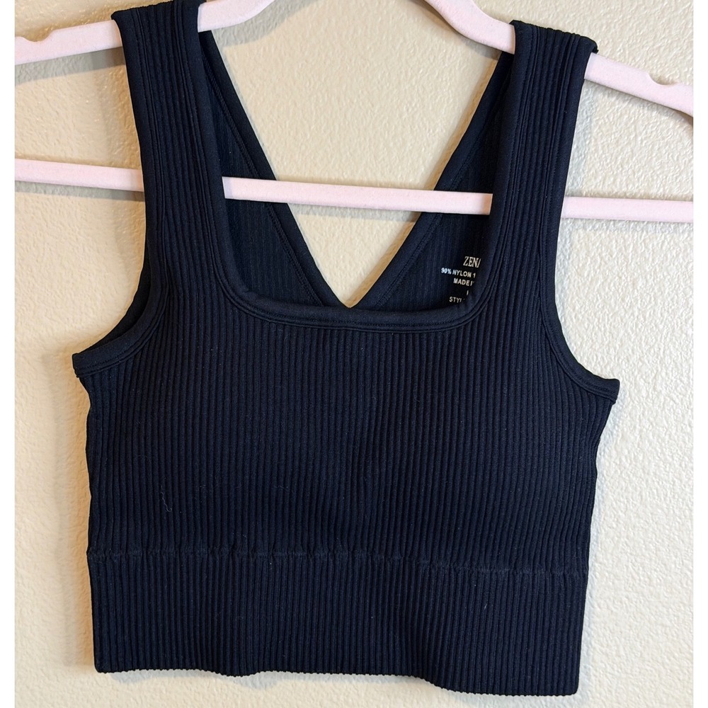 Zenana Black Ribbed Seamless Padded Brami Reversible V-Neck Crop Top NEW L/CL